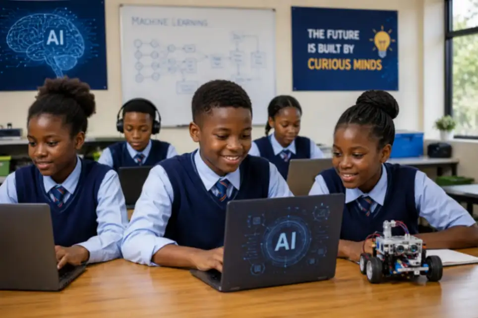 Kenyan students learning Artificial Intelligence through hands-on digital skills activities in a modern technology classroom.