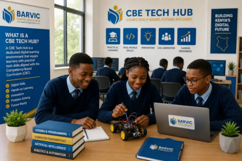 Students learning coding, robotics, and digital skills in a modern CBE Tech Hub supporting Competency-Based Education.