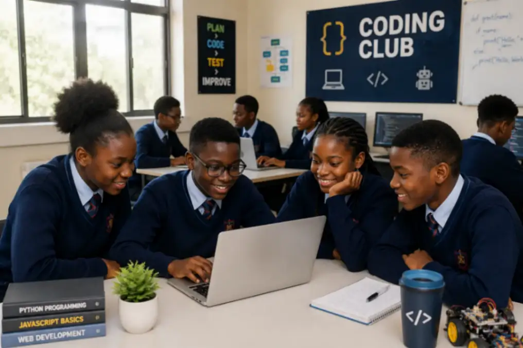 Kenyan students collaborating in a school coding club while building programming and robotics projects together.