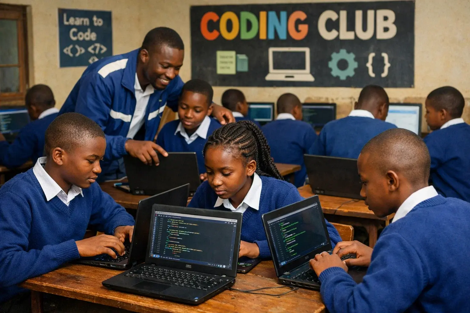 African students and a teacher using computers in a computer lab