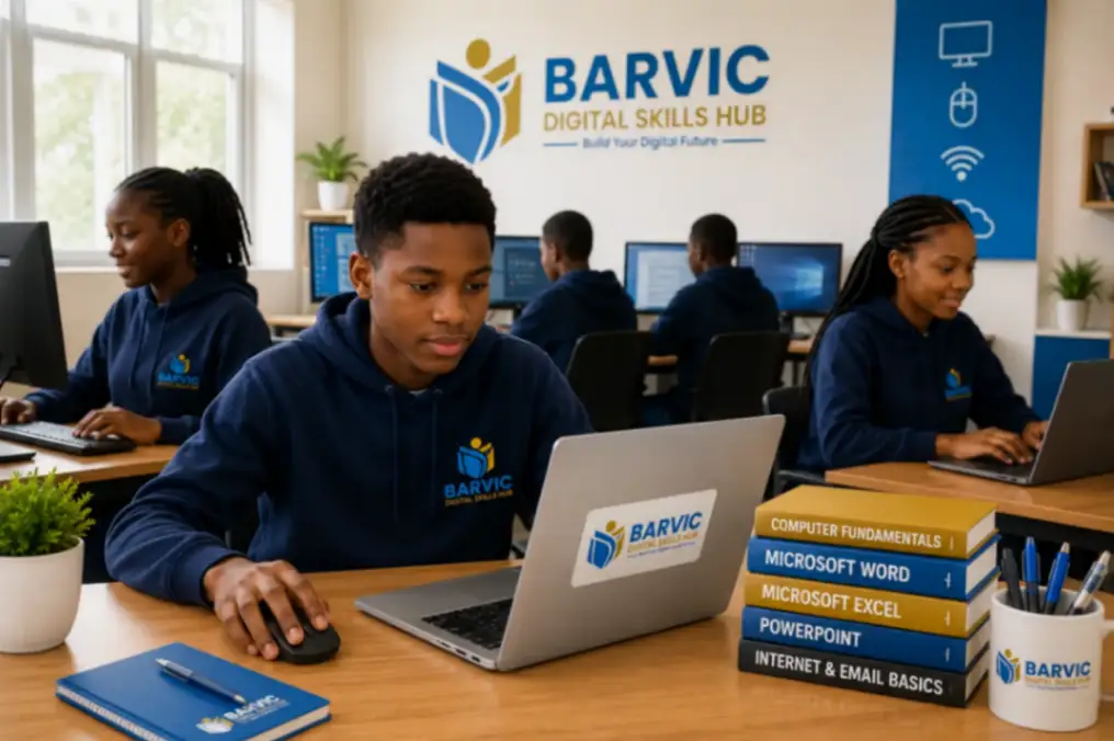 Kenyan students building essential computer skills through practical learning in a modern school computer laboratory.