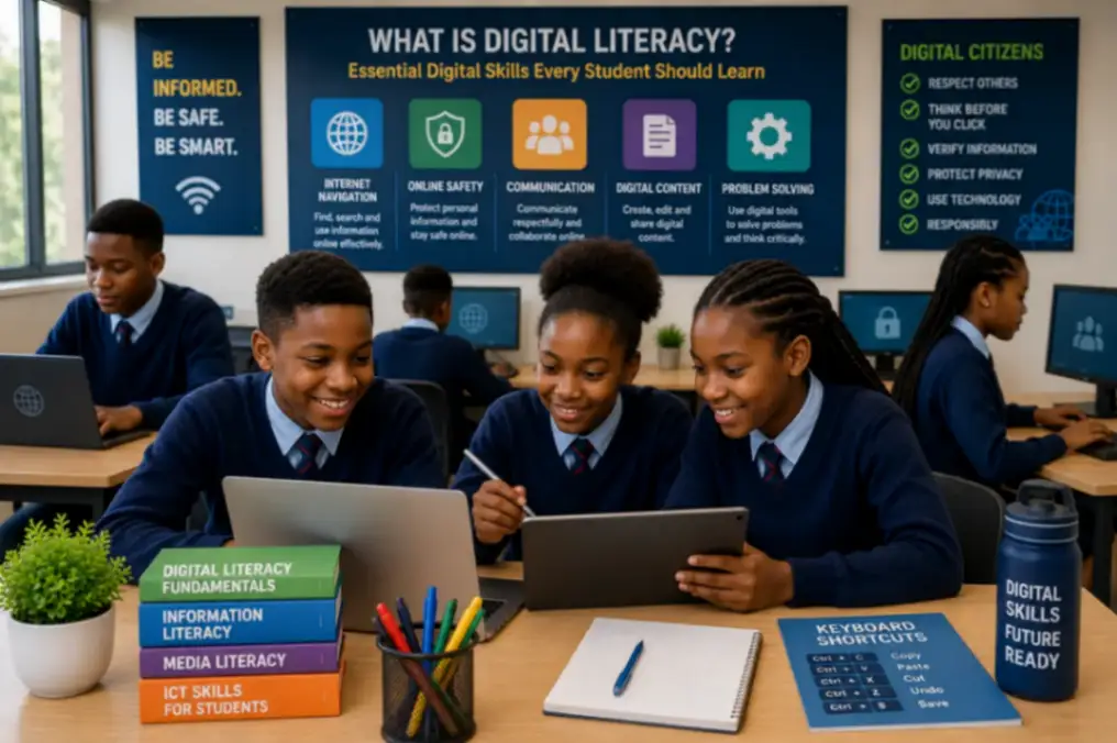 Students developing digital literacy skills using computers, tablets, and online learning tools in a modern classroom.