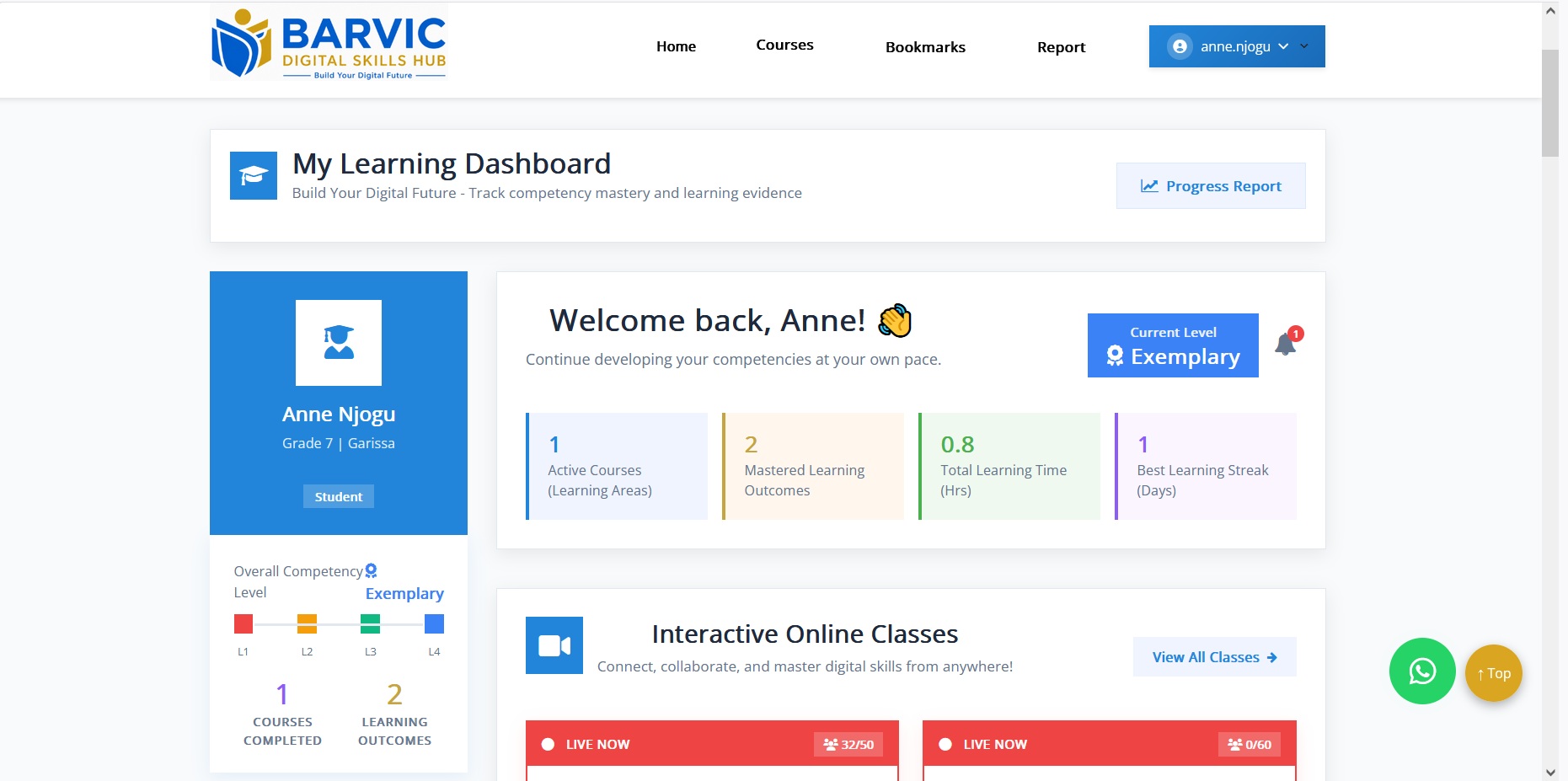 Barvic student dashboard showing learning progress, active courses, and live classes
